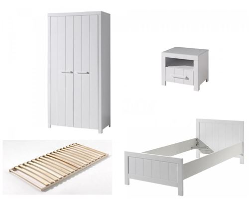 Vipack ERIK Lit simple + Chevet + Sommier + Armoire deux portes