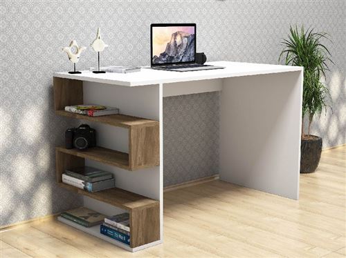 HOMEMANIA Bureau Limber avec Étagères - pour Bureau, Chambre - Noyer, Blanc en Bois, 120 x 60 x 75 cm