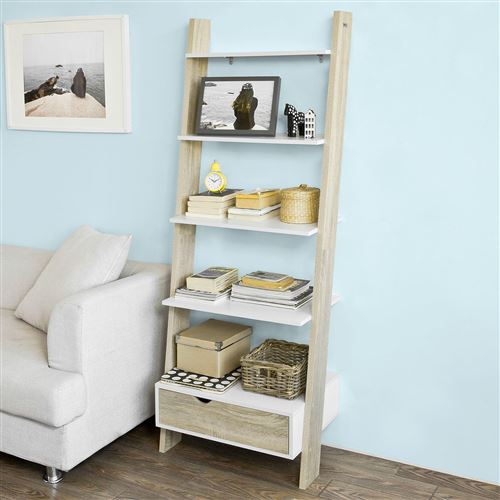 SoBuy FRG112-WN Bibliothèque Étagère de Rangement Étagère Style Échelle avec 4 Étages et 1 Tiroir – L65xP40xH176cm