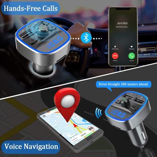 Transmetteur FM Bluetooth pour voiture, kit adaptateur récepteur radio sans  fil pour lumière ambiante bleue avec appels mains libres, double chargeur