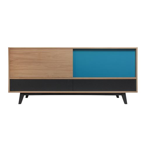 Pirotais Buffet chêne massif et laqué, 2 tiroirs, 2 coulissants, Made in France Bleu