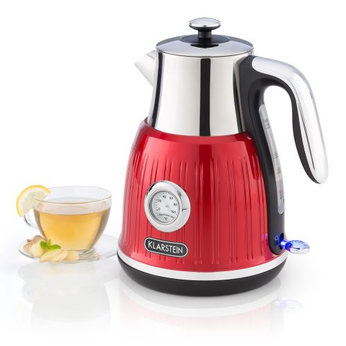 Klarstein Cancan Bouilloire électrique sans fil - Capacité 1,6 litre - Puissance 1800 à 2150W - Base 360° - Look rétro rouge