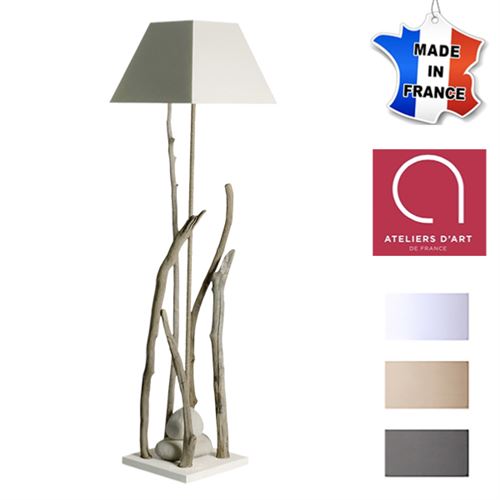 Lampe à pied bord de mer en bois flotté - Personnalisable - Fabriquée à la main en France - Blanc avec personnalisation - 40