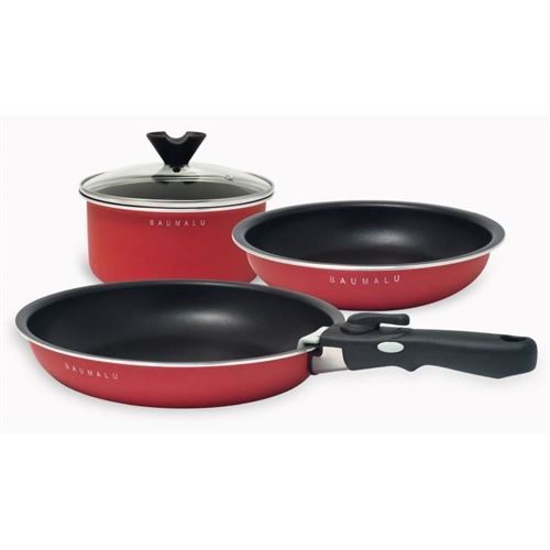 Baumalu 341978 Set De Cuisson Gain De Place 5 Pieces 2 Poeles A Frire + 1 Casserole + 1 Couvercle Verre + 1 Poignee Amovible
