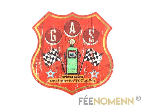 plaque métal déco vintage - forme ecusson - route 66 station gas red (30x30cm)