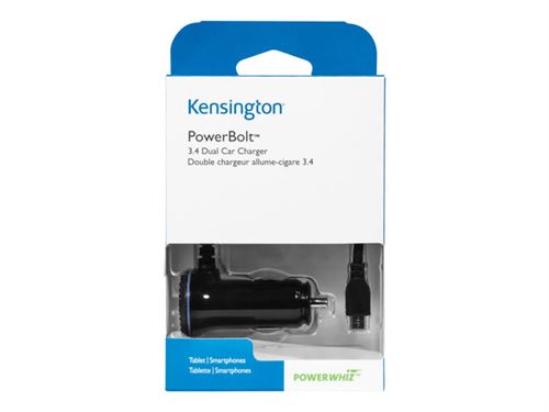 Kensington Powerbolt 3 4 Fast Charge Adaptateur D Alimentation Pour Voiture 2 4 A 2 Connecteurs De Sortie Usb Micro Usb De Type B Sur Le Cable Micro Usb Noir