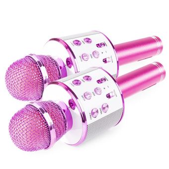 MAX KM01 - Kit deux Microphones Karaoké micro sans fil Bluetooth – Rose, haut-parleur intégré - 1