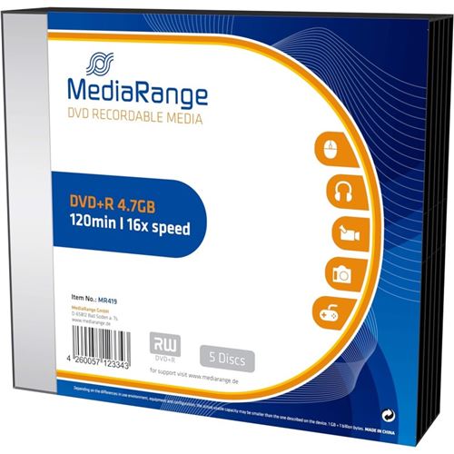 MediaRange - 5 x DVD+R - 4.7 Go (120 minutes) 16x - boîtier CD étroit