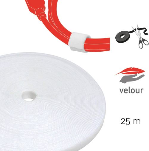 Label-the-cable rouleau de ruban auto-agrippant double-face, attache-câbles en scratch découpable, qualité velours, utilisable comme collier de serrage/ LTC ROLL STRAP, 25m x 16mm, Blanc, PRO 1220