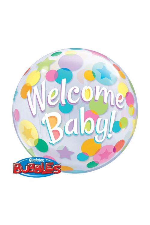 Ballon Bubble Pois welcome Baby 56 Cm 22 Qualatex© - Multicolores - Diamètre: 22 / 56 cm