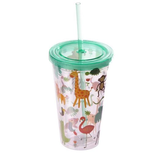 Verre en plastique et paille - Animaux du zoo