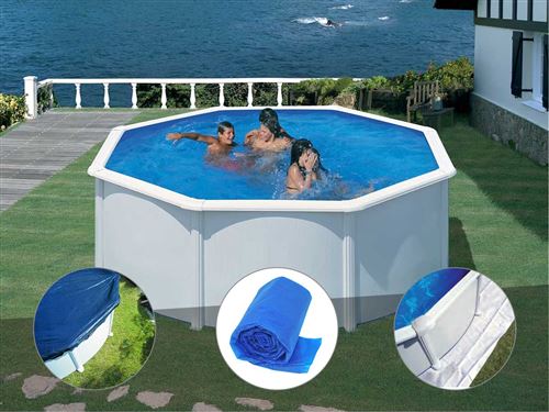 Kit piscine acier blanc Gré Fidji ronde 3,70 x 1,22 m + Bâche hiver + Bâche à bulles + Tapis de sol