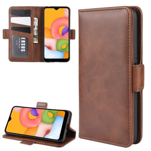 Etui en PU boucle déployante double avec support marron foncé pour votre Samsung Galaxy A01