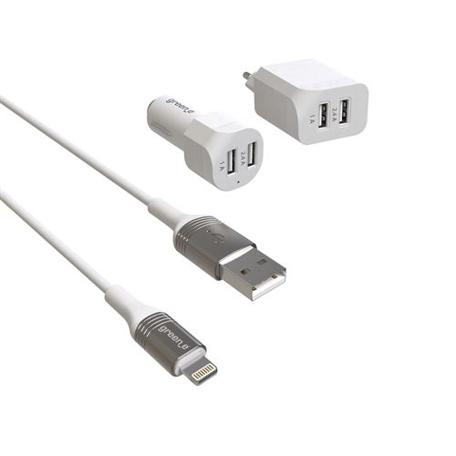 GREEN E - Kit de Charge Ecoconçu pour IPHONE (Cable Lightning vers USB + Adaptateur prise + Adaptateur allume cigare)