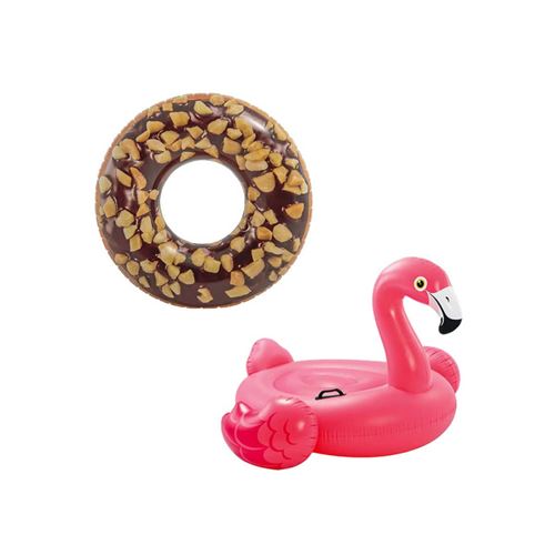 Pack Bouée gonflable donut au chocolat 114 cm de diamètre - Bouée gonflable flamant rose 142x137x97 cm