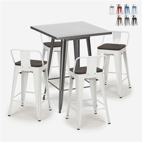 Ensemble Table Haute 60x60cm 4 Tabourets Tolix Métal Bois Bar Cuisine Buch, Couleur: Blanc