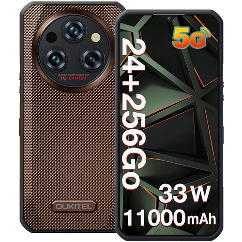OUKITEL WP35 Smartphone 6.6 pouces 24GO(8+16) 256GO Octa Core Android 14 Dual sim 5G 11000mAh-marron