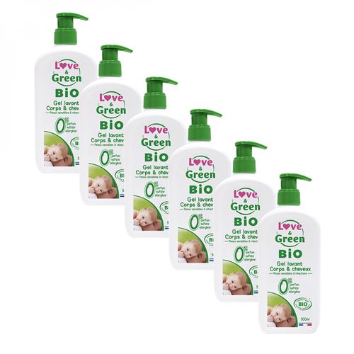 Love and Green - Lot de 6 Gels lavants bébé corps et cheveux - 500ml - Bio