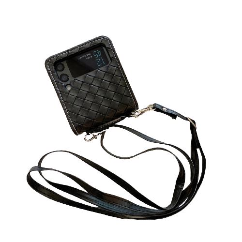 Coque Pour Samsung Galaxy Z Flip 3 en Cuir Frusde Motif de Tissage Etui avec Cordon-Noir