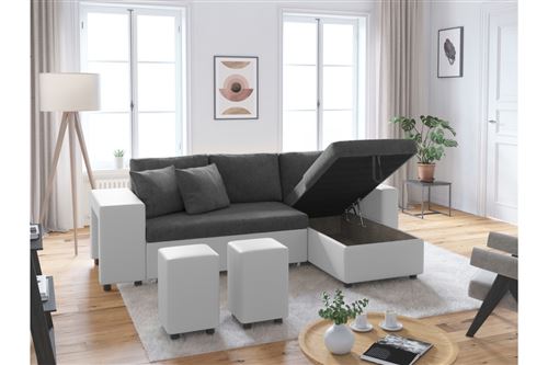 Canapé Dangle Oslo Convertible Grisblanc Avec Coffre Et Poufs Angle Gauche