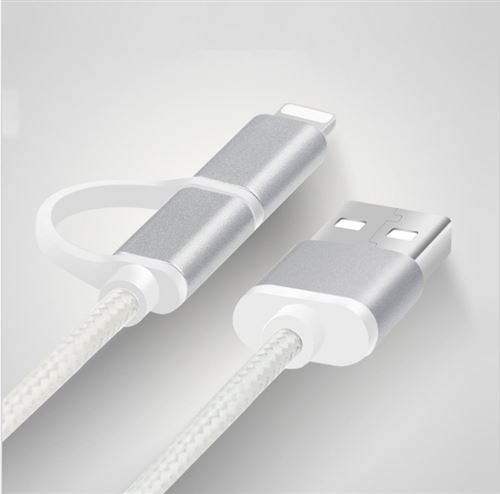 Cable 2 en 1 Pour HUAWEI Mediapad M5 lite Android & Adaptateur Micro USB Lightning 1m Metal Nylon ARGENT