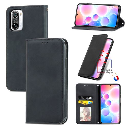 DLIK Etui à Rabat pour Xiaomi Redmi Note 10 Pro Portefeuille en Cuir Magnétique Couleur Solide Noir