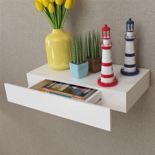 Vidaxl Blanc Étagère Murale Avec 1 Tiroir Mdf Rangement De Livres Dvd - Image 1