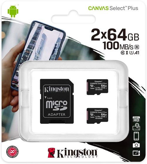 Kingston Canvas Select Plus - Carte mémoire flash (adaptateur microSDXC vers SD inclus(e)) - 64 Go - A1 / Video Class V10 / UHS Class 1 / Class10 - microSDXC UHS-I (pack de 2)