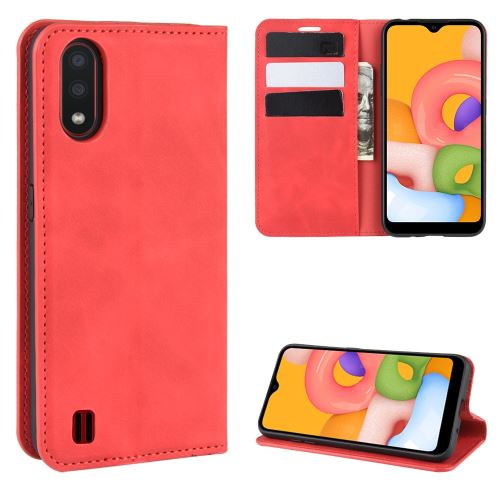 Etui en PU flip auto-absorbant au toucher soyeux avec support rouge pour votre Samsung Galaxy A01