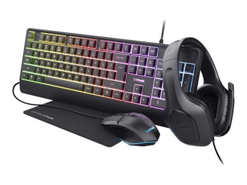 Trust GXT 792 Quadrox - 4-in-1 Gaming Bundle - ensemble de clavier, souris, casque et tapis de souris - backlit - USB - QWERTY - US