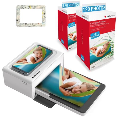 AGFA PHOTO Pack Imprimante Realipix Moments + Cartouches et papiers 240 photos + Joli cadre magnetique - Impression Bluetooth Photo 10x15 cm, iOS et Android, 4Pass Sublimation Thermique - Blanc