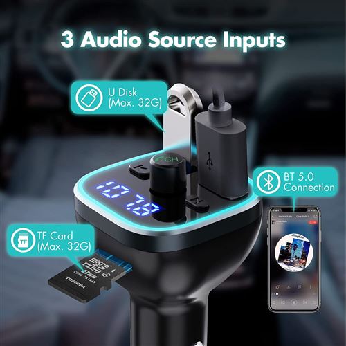 Transmetteur FM Bluetooth Appel Mains Libres Radio Lecteur de Musique MP3  Adaptateur Bluetooth Voiture Chargeur Rapide QC3.0 Prise Allume Cigare  Bluetooth - Transmetteur audio - Achat & prix