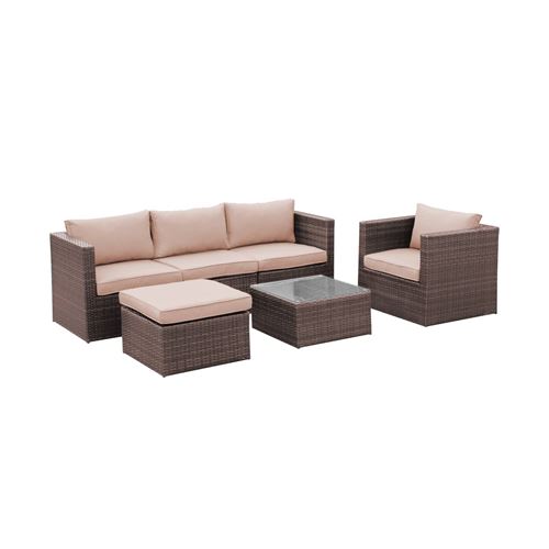 Salon de jardin résine tressée - Benito Marron - Coloris chocolat coussins marron structure aluminium canapé d'extérieur 6 éléments 5 places