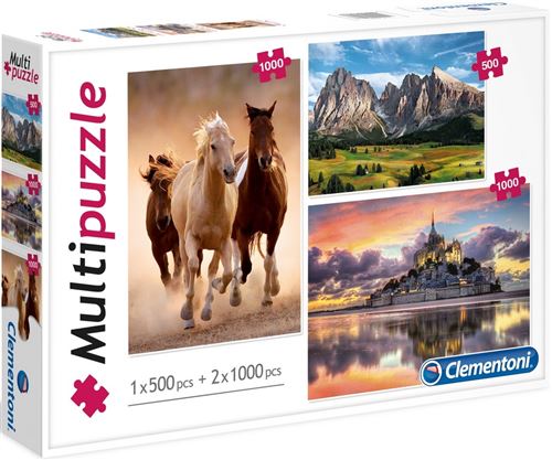 Coffret 3 puzzles : montagne la chaine des alpes 500 pieces + mont saint-michel - chevaux brun et blanc au galop 2 x 1000 pieces - clementoni adulte