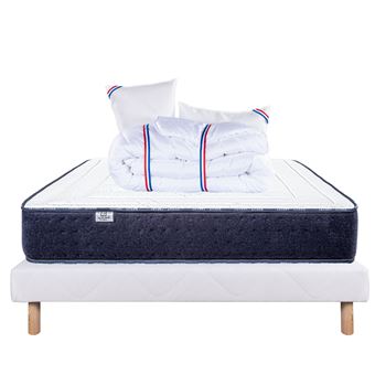 Ensemble Matelas 140x190 cm, Nuage, 24 cm, mousse mémoire de forme, mi-ferme, face été/hiver + sommier blanc ep 13cm + 2 oreillers + couette - 1