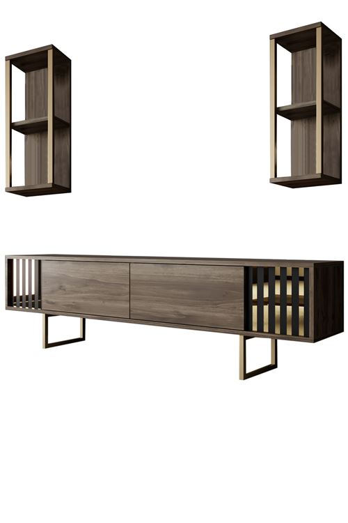HANAH HOME Meuble TV en bois Gold Line - 180 x 30 x 48 cm - NoyerNoir