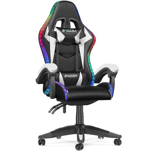 Chaise gaming avec éclairage LED Effets BIGZZIA, avec Lombaire et Appui-Tête Appui, Noir et Blanc