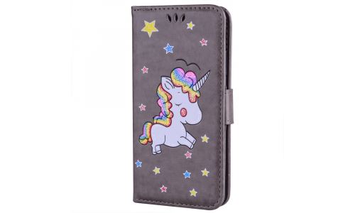 Etui rabat latéral Honor 9 LITE licorne et paillettes coloris gris