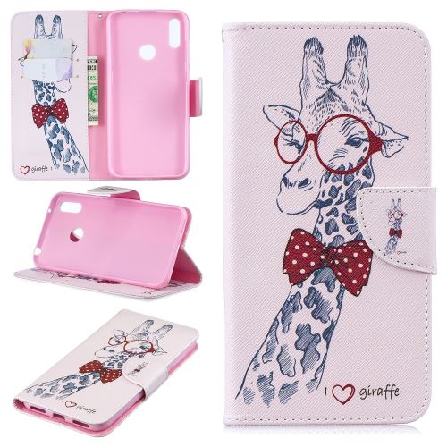 Etui en PU impression de motifs girafe portant des lunettes pour votre Huawei Y7 (2019)