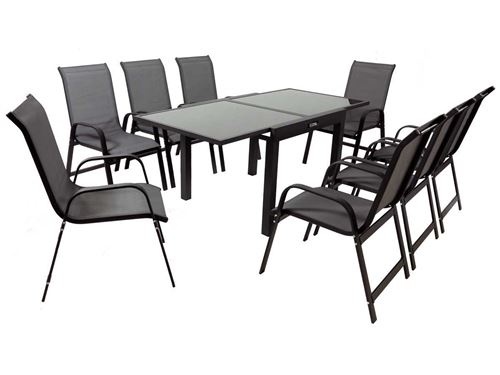 Salon de jardin extensible luxe 90/180 porto 8 - phoenix - noir/gris foncé - 1 table 90/180 + 8 fauteuils