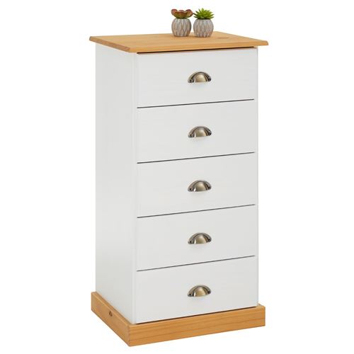 Chiffonnier PARIS en pin massif, 5 tiroirs, lasuré blanc et brun