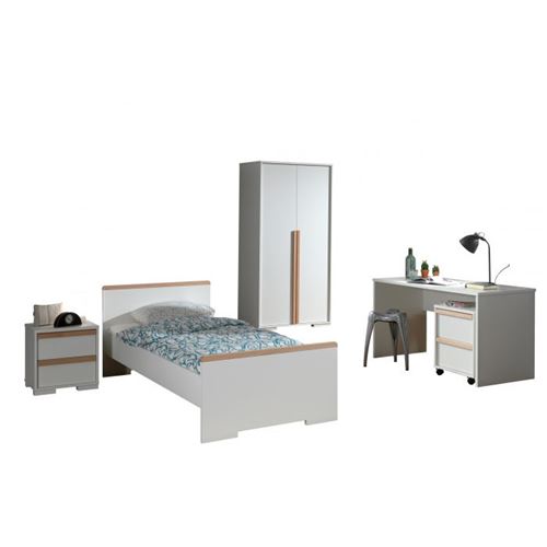 Lit 90x200 - Chevet 2 tiroirs - Armoire 2 portes - Bureau et Caisson de bureau London - Blanc