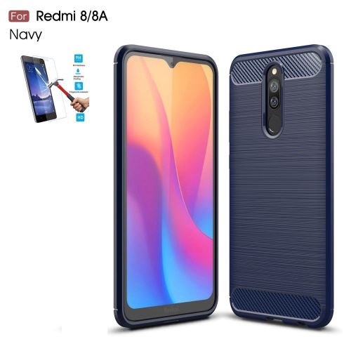 Coque Pour Xiaomi Redmi 8 / 8A Carbone Bleu Avec Film Verre Trempé Housse Etui En Silicone Gel Souple hfs-house®