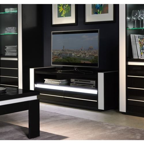 Meuble tv LINA noir et blanc brillant + LED