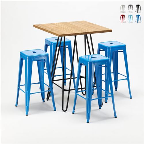 AHD Amazing Home Design - Ensemble de table haute et 4 tabourets en métal style Tolix Brooklyn pour Bars et Pubs, Couleur: Bleu