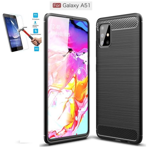 Coque Samsung Galaxy A51 Carbone Noir Avec Film Verre Trempé Housse Etui En Silicone Gel Souple hfs-house®