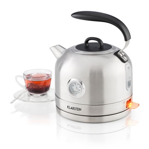Klarstein Carlina Bouilloire électrique style théière rétro 1,7 l - Puissance 1850 à 2200W - Socle 360° - Inox brossé