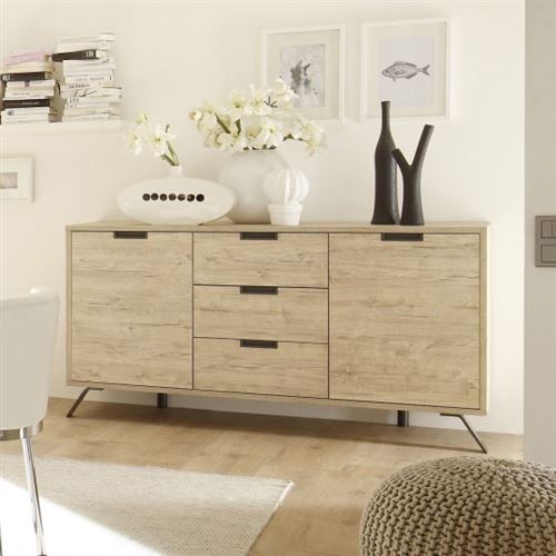 Buffet bahut couleur bois contemporain PLUME - 2 portes 3 tiroirs