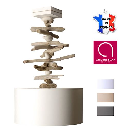 Suspension luminaire bord de mer bois galets - Personnalisable - Fabriquée main en France (Blanc) - couleuretpersonnalisation : Blanc avec personnalisation