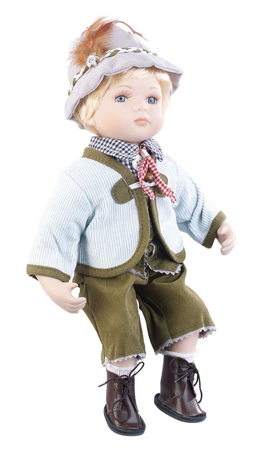 Poupée de collection en porcelaine avec costume bavarois traditionnel - Garçon